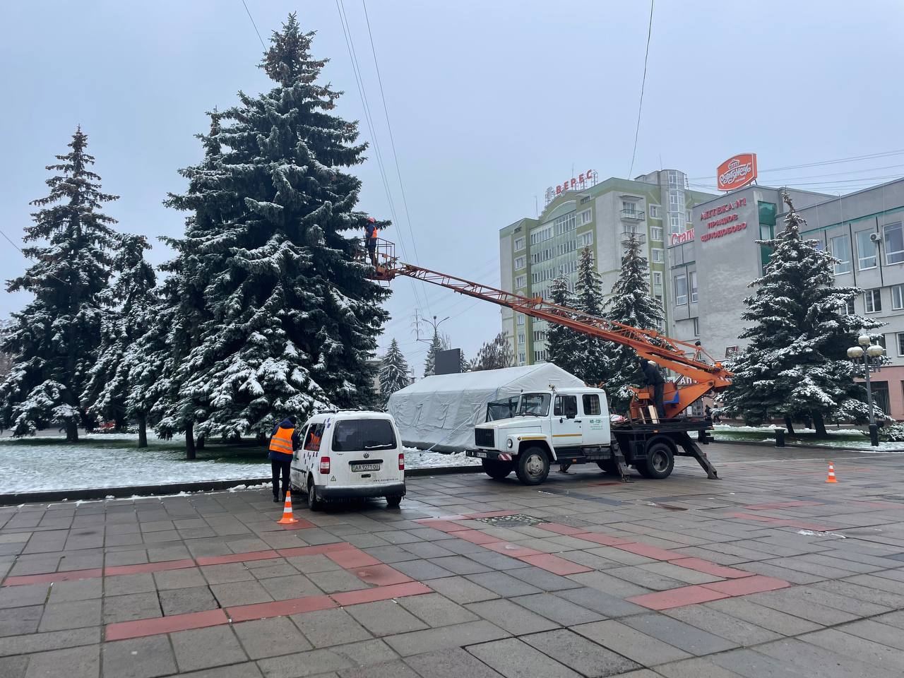 На фото майстри проводять оптоволоконну мережу, а не вішають на ялинки святкову ілюмінацію.