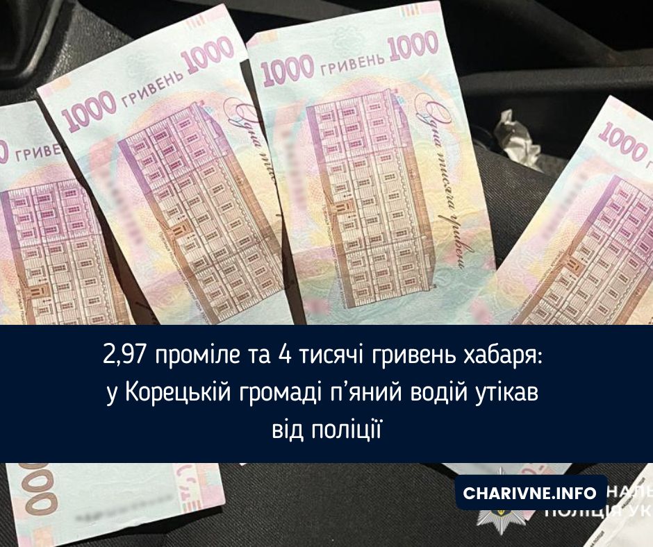2,97 проміле та 4 тисячі гривень хабаря: у Корецькій громаді п’яний водій утікав від поліції