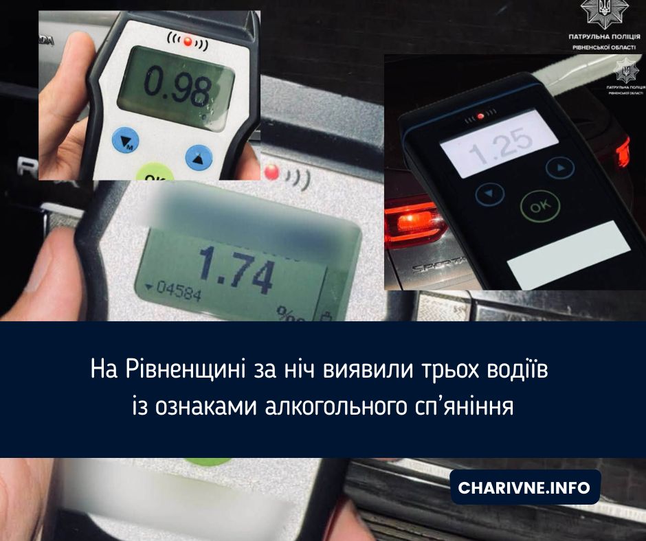 На Рівненщині за ніч виявили трьох водіїв із ознаками алкогольного сп’яніння